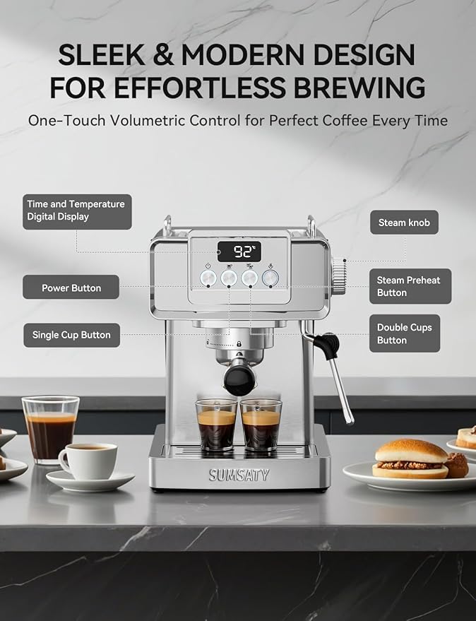 SUMSATY Espresso Machine 20 Bar, Stainless Steel Espresso Maker Professiona Coffee Maker with Power Steam & LED Display for Home Barista, Americano, Latte, Cappuccino Maker, 1.8L Water Tank