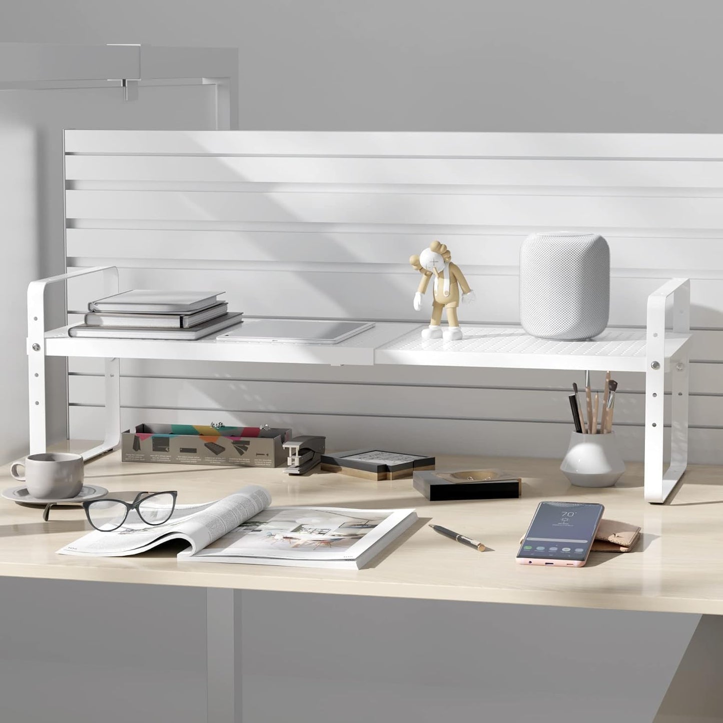Expandable Cabinet Shelf Organizer Adjustable Metal Spice Rack Stackable Freestanding Counter Storage Shelves for Kitchen Cabinet Under Sink Office Desk (White - 3Pack - L16.5-27'' * W10.2'' * H9.6'')