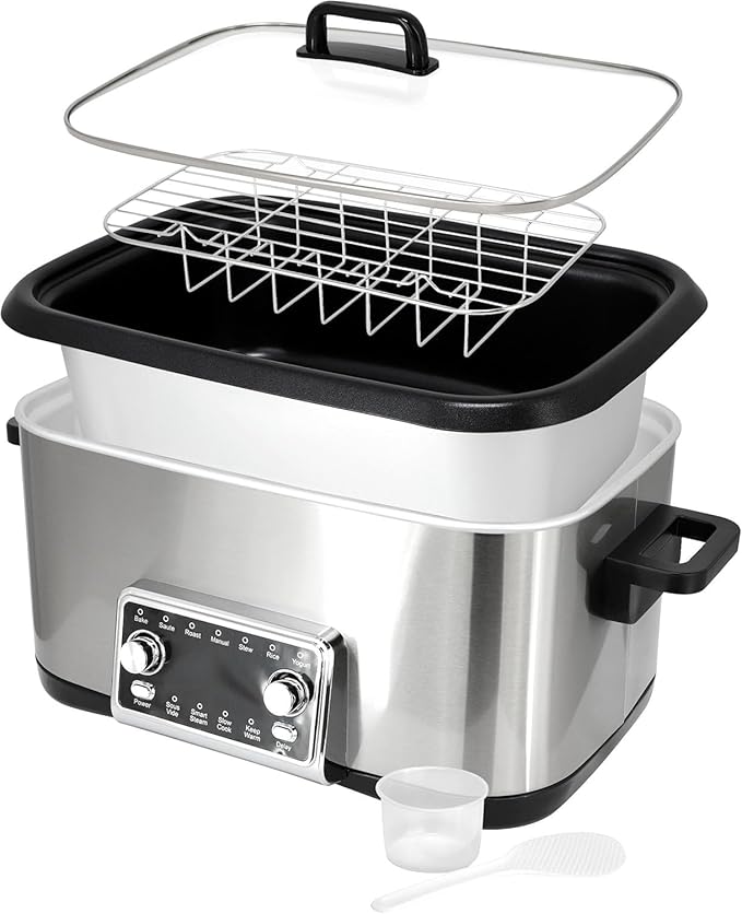 8 Quart 12-in-1 Deluxe Multi Cooker with Sous Vide Function, Programmable Electric Pressure Cooker with Non-Stick Pot, Glass Lid & Adjustable Temperature Settings for Family Meals