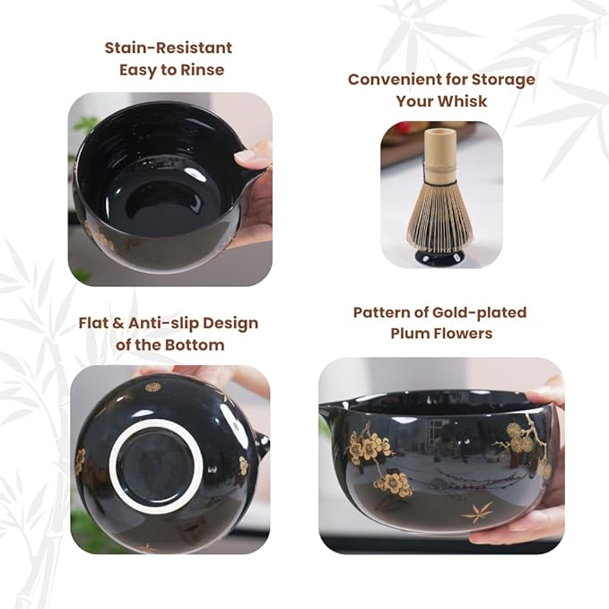 Matcha Whisk Set, Ceramic Bowl with Spout, Matcha Whisk & Holder, Bamboo Scoop & Spoon, Scoop Rest, Sifter, Towel, 8 Pcs Complete Kit for Tea Ceremony, Gift for Friend/Family(Black)