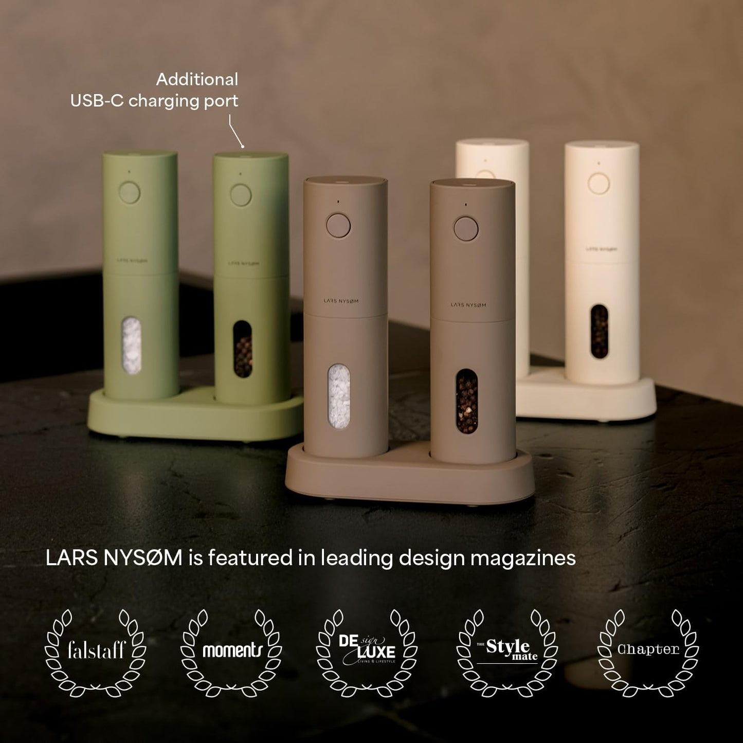 LARS NYSØM Electric Salt and Pepper Grinder Set, USB Rechargeable, Automatic Salt and Pepper Mills, Spice Shakers Refillable with LED Light, Adjustable Coarseness, Ceramic Grinder (Pure White)