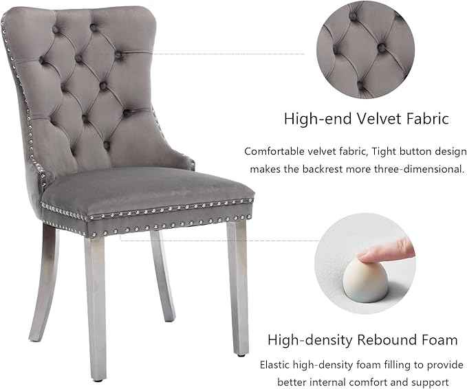 Velvet Dining Chairs Set of 6, Upholstered Dining Room Chairs with Back Ring Pull Trim and Sliver Stainless Steel Legs,Modern Kitchen Chairs Perfect for Dining Room,Kitchen(Grey)