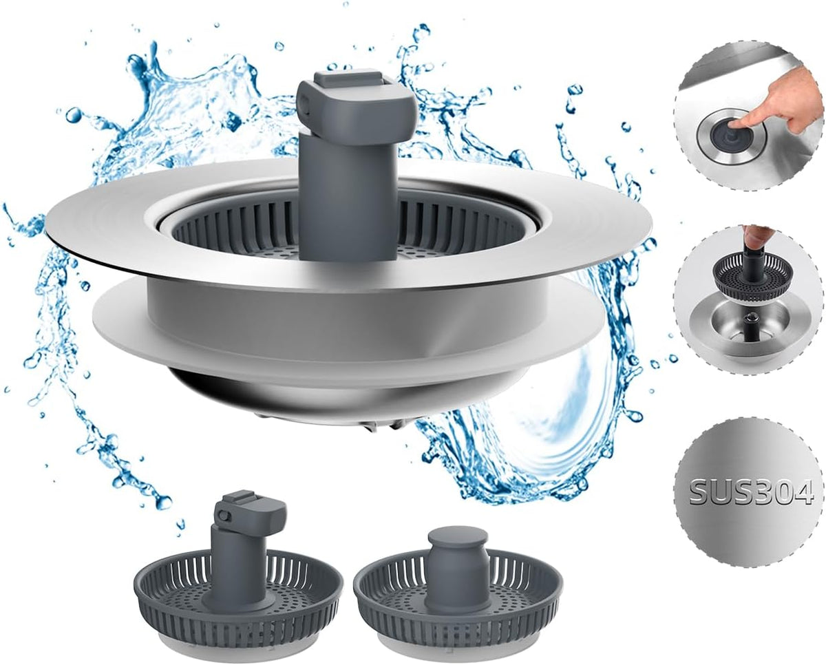 Hibbent Upgraded 3 in 1 Kitchen Sink Drain Strainer and Stopper Combo, Stainless Steel Metal Pop Up Sink Stopper with Foldable Handle, 3 Anti-Clogging Baskets, Fit for US Standard 3-1/2 Inch Drain