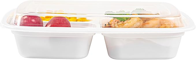 Restaurantware Asporto 26 Ounce Compartment Take Out Boxes, 100 Microwavable Meal Prep Containers - 3 Compartments, With Clear Plastic Lids, White Plastic Food Containers, Do Not Contain BPA