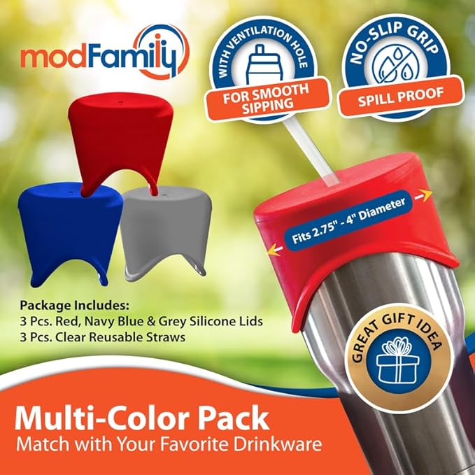 Silicone Sippy Cup Lids, Reusable Silicone Tumbler Cover Lid Stretches over Cups and Jars, Red,Navy,Gray by ModFamily Products that Simplify Life