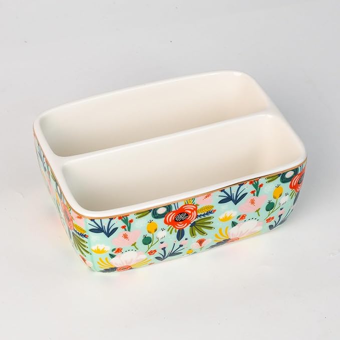 2 Compartments Ceramic Sponge Holder for Kitchen Sink, Cute Floral Pattern Countertop Dish Sponges Holder Soap Sink Organizer Caddy Farmhouse Home Kitchen Decor Mint Flowers