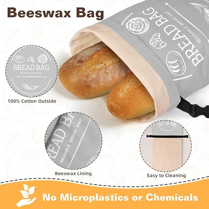 Bread Bags for Homemade, Beeswax Reusable Bread Bag for Sourdough, 1 Pack XL-Reusable Waxed Food Storage Bag to Keep Sourdough Fresh, Freezer-Safe, Eco-Friendly (Grey)