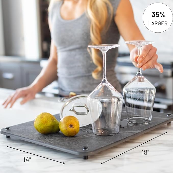 Natural Stone Dish Drying Mat 18" x 14", Slate Color - Diatomaceous Earth Kitchen Mat | Quick Drying, Non-Toxic, BPA-Free, Eco-Friendly | Female-Founded USA Brand
