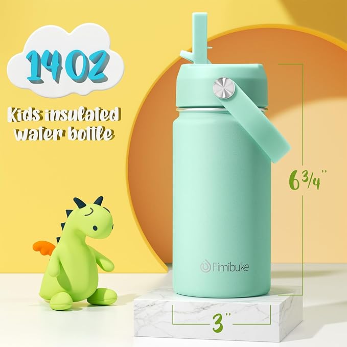 Fimibuke Kids Insulated Water Bottle, 14oz BPA FREE 18/8 Stainless Steel Travel Tumbler Double Wall Vacuum Leak Proof Kids Cup with Straw Metal Water Bottle for School Boys Girls(1 Pack, Mint)