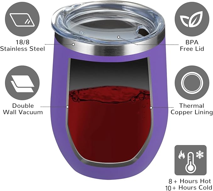 MEWAY Stemless 12oz Wine Tumbler Glasses with Lid -Insulated Double Wall Vacuum Stainless Steel Travel Tumbler with Straw,for Woman Under 10 dollars (Purple,1)
