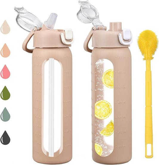 chunmo 24 oz Glass Water Bottles with 2 Lids-Handle Spout Lid & Straw Lid, Motivational Water Bottle with Time Marker and Silicone Sleeve,Leakproof-Amber-1 Pack