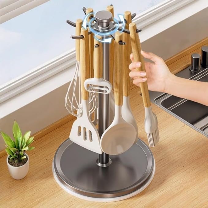 Rotatable Hanging Organizer with 8 Hooks for Kitchen Utensils, 360 Degree Swivel Countertop Holder for Cooking Tool Storage (Grey)