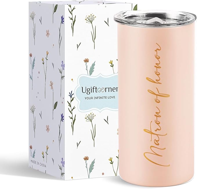 Bridesmaid Gifts Matron of Honor Cups Bridesmaid Proposal Gifts Wedding Bachelorette Party Favors Stainless Steel Insulated Skinny Tumbler with Lid and Straw 15 OZ Pink