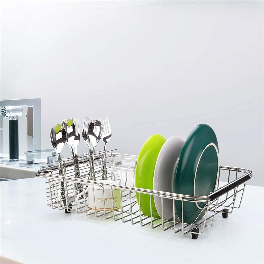 SANNO Expandable Dish Drying Rack,Large Dish Drainer Drainwith 4 Division Utensil Silverware Cutlery Holder, Expandable Dish Rack Shelf Dish Rack in Sink or Over Sink On Counter Stainless Steel