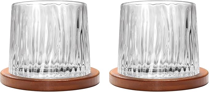 Rotatable Old Fashioned Glass Cup, 275ml/10oz Crystal Whiskey Glass Set of 2, Wood Coaster, Thickening, Used as Rum Glass Cup, Cocktail, Coffee, Milk to Relax and Reduce Stress, Christmas gifts