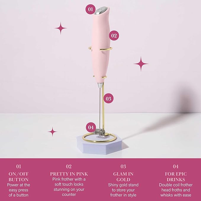 Paris Hilton Electric Handheld Milk Frother with Double Coil Head Whisk and Gold Metal Stand, Battery Powered (2 AA Batteries Required but Not Included), Pink