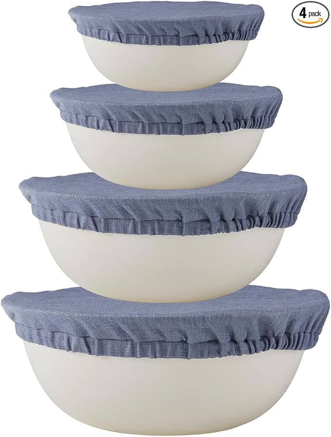 100% Pure Linen Bowl Covers For Bread Proofing, 4 Pcs Elastic Reusable Solid Color Cloth Fabric Bowl Covers,XL Organic Washable Large Stretch Sourdough Lids 6 * 8 * 10 * 12 Inches, Blue