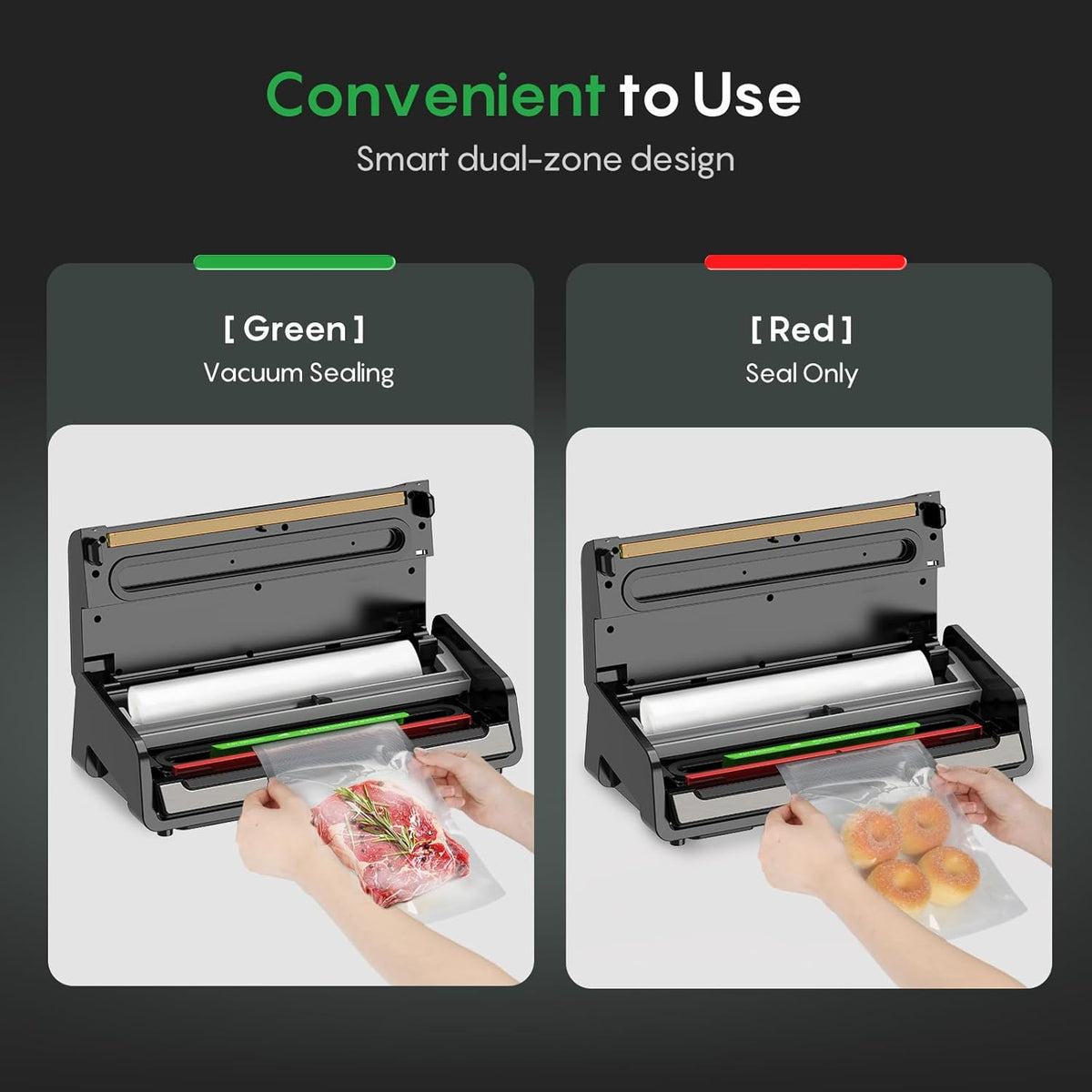 FRESKO Food Vacuum Sealer with Automatic Bag Detection, Double Heat Seal, Built-in Bag Roll Storage & Cutter, 2 Rolls Bags, Starter Kit