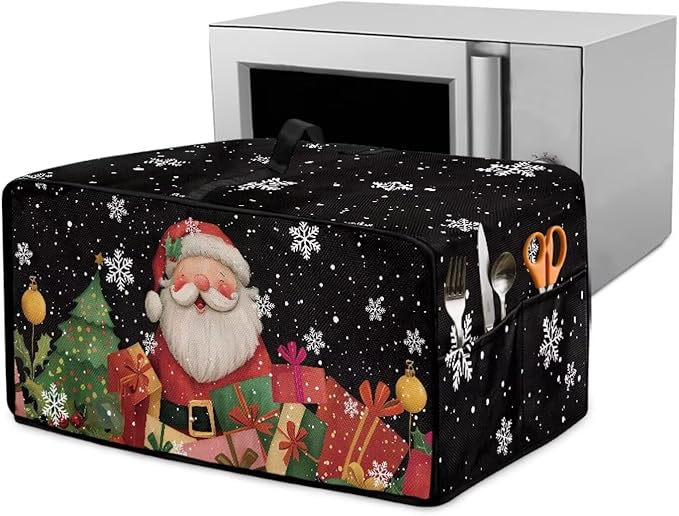 Toaster Oven Cover Dust-Proof Countertop Convection Oven Cover Protective Smart Microwave Oven Accessories and Decor, L, Santa Claus Snowflake Black Christmas Decor