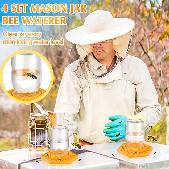 4 Pack Bee Feeder for Mason Jar Bee Watering Station Garden Silicone Sugar Water Feeder Beekeeping Drinking Equipment Tools with Mason Jars for Drinking Water (Ginger Yellow,Hexagon)
