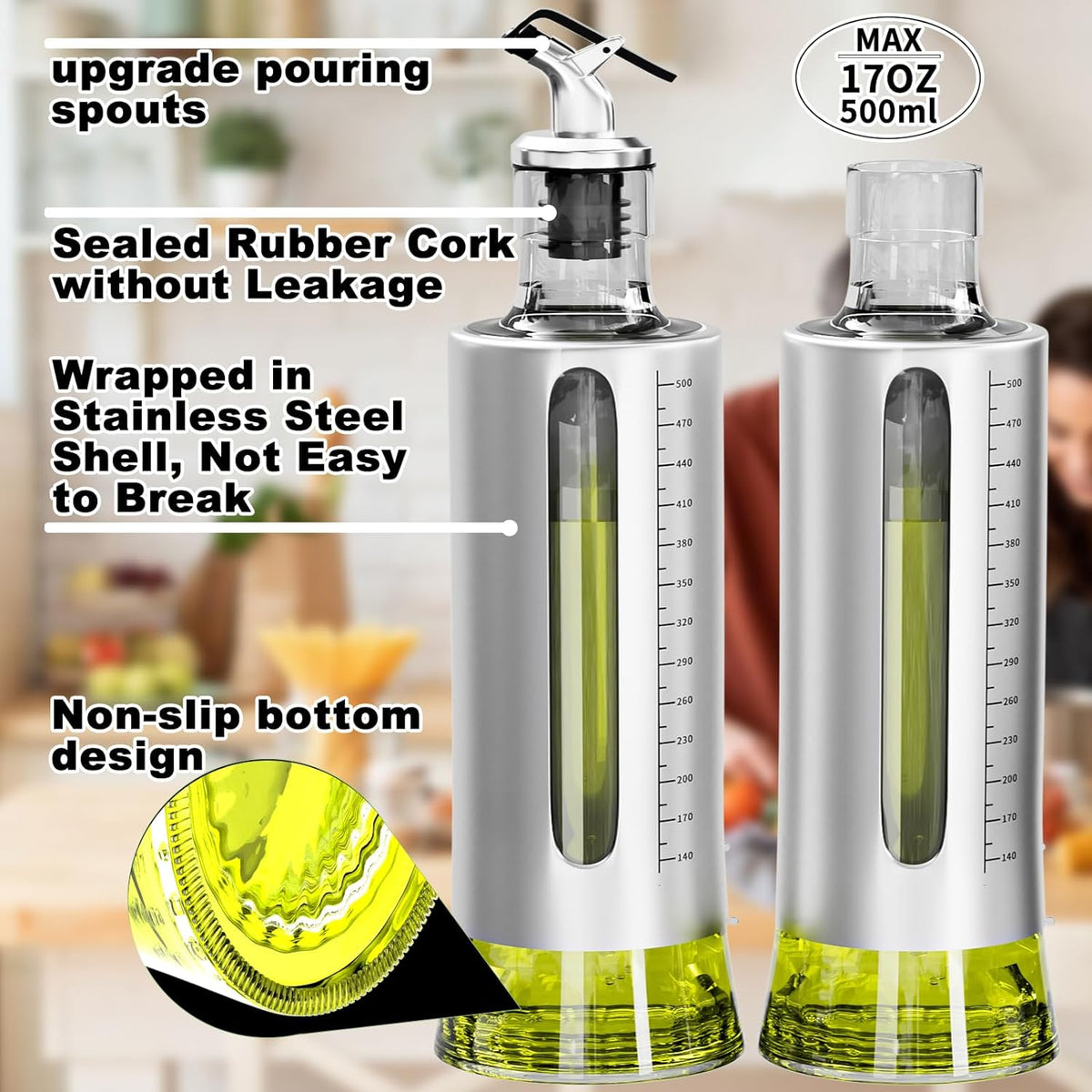 Oil Dispenser Bottle, 4 Pack Glass Olive Oil Dispenser Bottle with Shelf, 17oz/500 ml Oil and Vinegar Dispenser Set Wrapped in Stainless Steel Shell with Pourers, Funnel & Pen and Tags