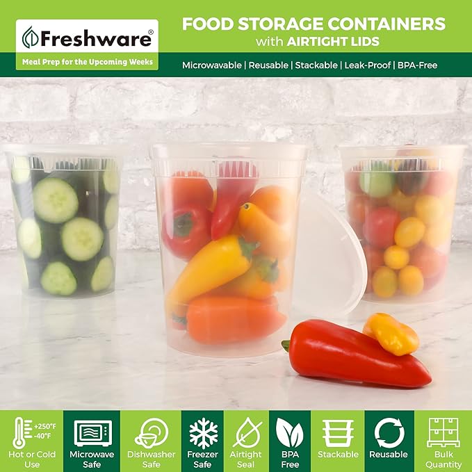 Freshware Food Storage Containers [24 Set] 32 oz Plastic Deli Containers with Lids, Slime, Soup, Meal Prep Containers, BPA Free, Stackable, Leakproof, Dishwasher and Freezer Safe, Translucent