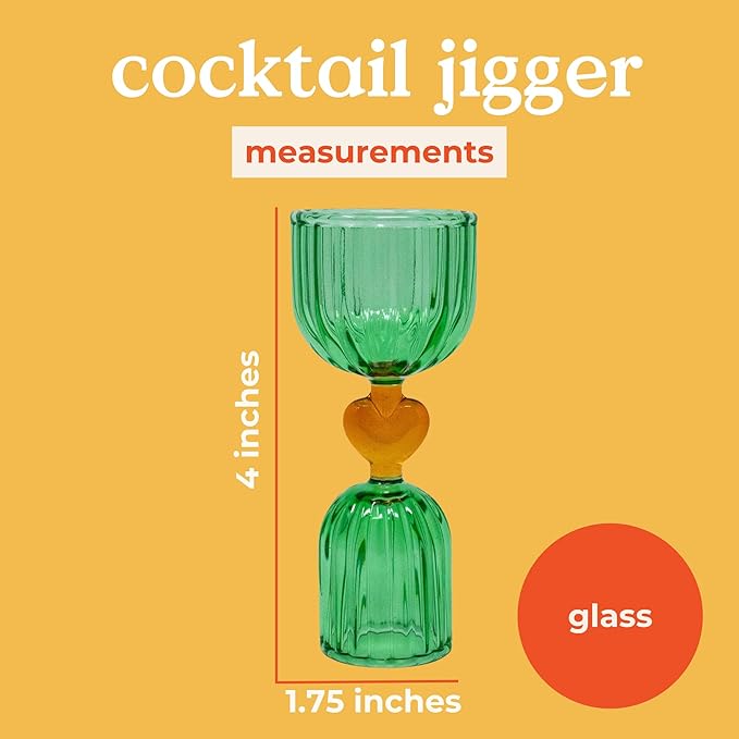 ban.do Retro Cocktail Measuring Jigger, Double Jigger Shot Glass, 1/2 and 1 Shot Measuring Cup, Vintage Style Green Glass Bar Tool for Measuring and Bar Cart Decor (Tipsy Turvy Green)