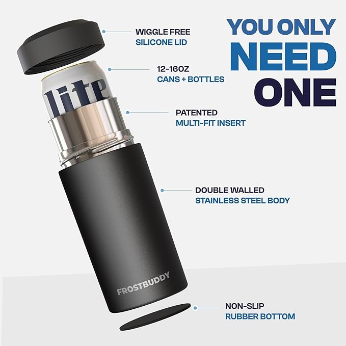 Frost Buddy Universal Can Cooler - Fits all - Stainless Steel Can Cooler for 12 oz & 16 oz Regular or Slim Cans & Bottles - Stainless Steel (Carbon Fiber)