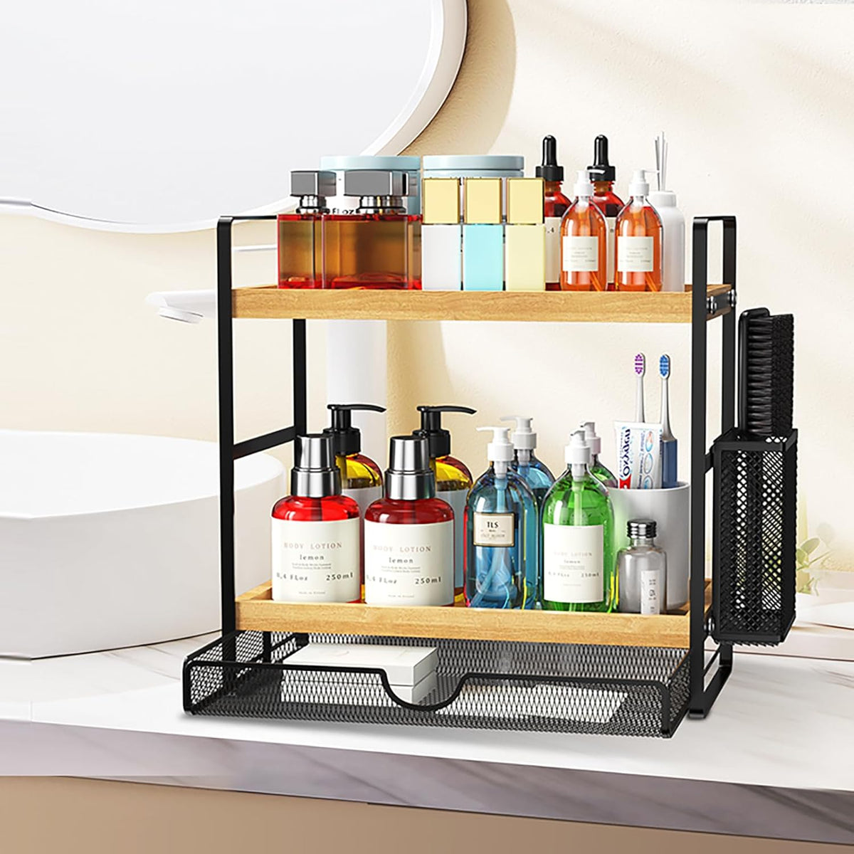 2 Tier Spice Rack Organizer for Countertop with Drawer and Basket, Suitable for Coffee Organizer, Kitchen Counter Storage, Bathroom Storage