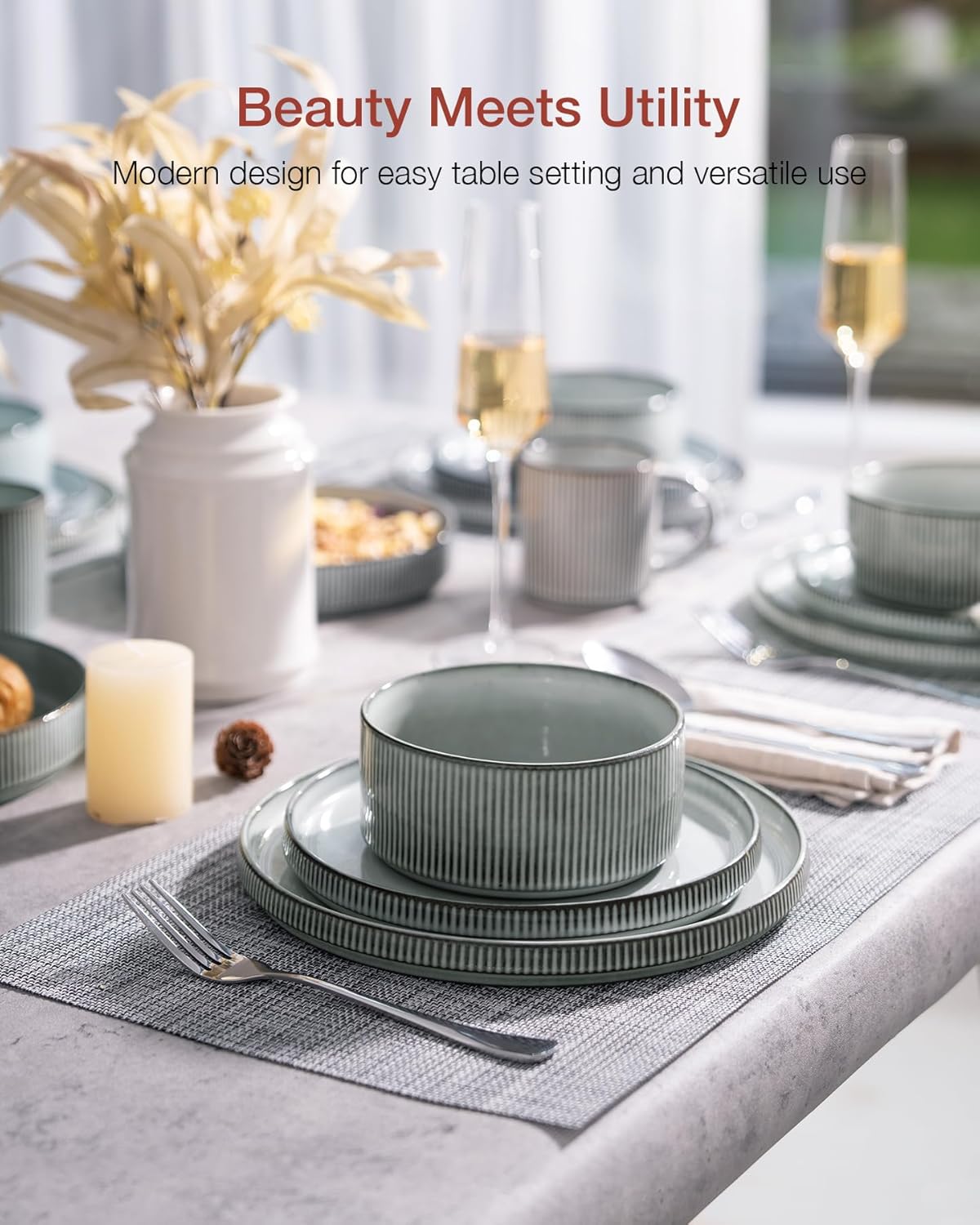 Famiware Star Dinnerware Set with Pasta Bowls, Service for 4 (16pcs), Ribbed Stoneware Plates and Bowls Dishes Sets - Chip & Scratch Resistant, Microwave & Dishwasher Safe, Smoky Blue