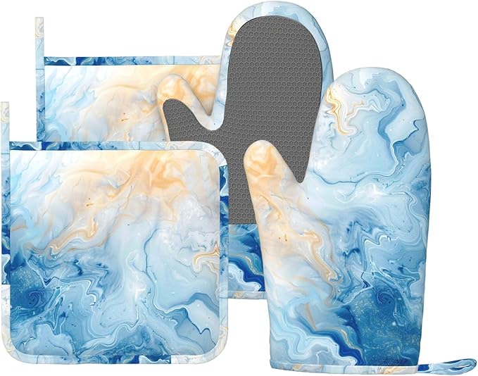 Oven Mitts and Pot Holders Blue Marble Pastel Silicone Kitchen Accessories Set of 4 Heat Resistant Long Gloves Potholder Non-Slip Grip for Chef Cooking Baking Grilling BBQ
