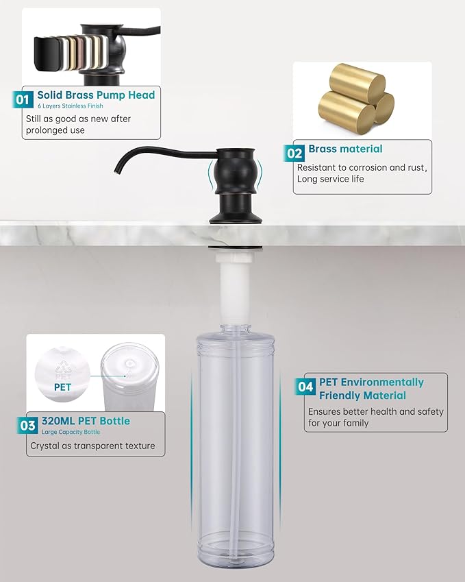Brass Kitchen Soap Dispenser, Oil Rubbed Bronze in Sink Liquid Dish Soap Dispenser, Under Sink Hand Metal Dispenser Pump, 47.2" Silicone Long Tube for 0.79 "- 1.38" Bottle Mouths