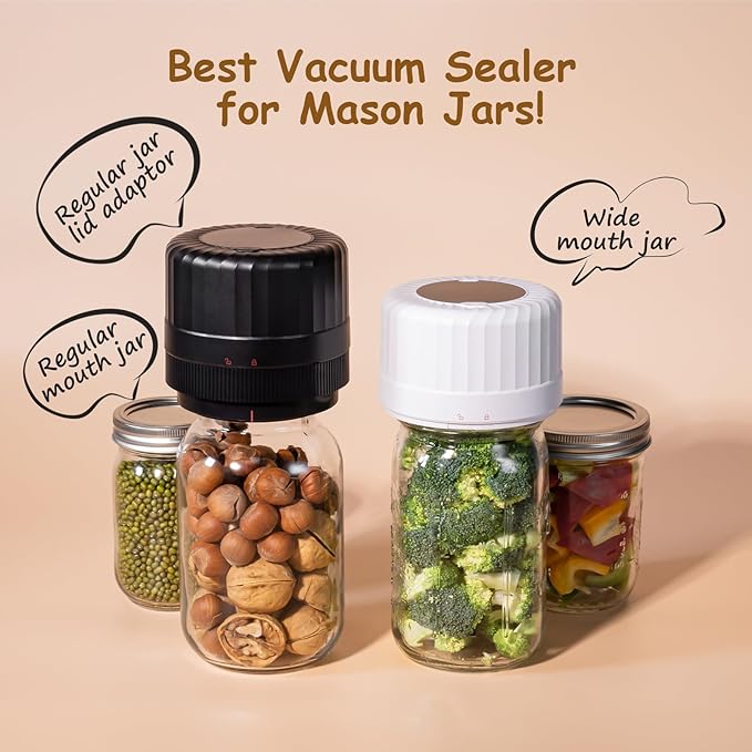 HTPOW Electric Mason Jar Vacuum Sealer - Fully Automatic Mason Jar Vacuum Sealer Kit for All Mason Jars with Regular Lids and Wide Mouth Lids, A Must-Have Tool for Canned Foods/Pantry - White