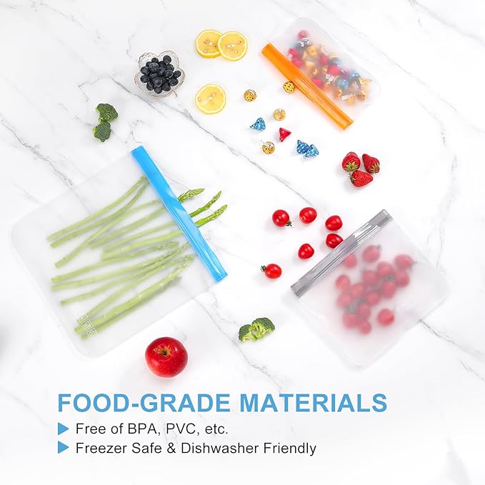 Lerine 9 Pack Reusable Gallon Freezer Bags Dishwasher Safe, BPA Free Reusable freezer Bags 1 Gallon, Extra Thick Leakproof Food Storage Bags for Meal Prep, Fridge Kitchen Organization (Gray, 9Gallon)