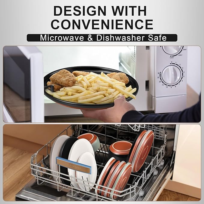 E-far 18-Piece Stoneware Plates and Bowls Sets, Dinnerware Sets for 6, Ceramic Dishware Dishes Set with Terracotta Base, Chip & Scratch Resistant, Microwave & Dishwasher Safe, Matte Black