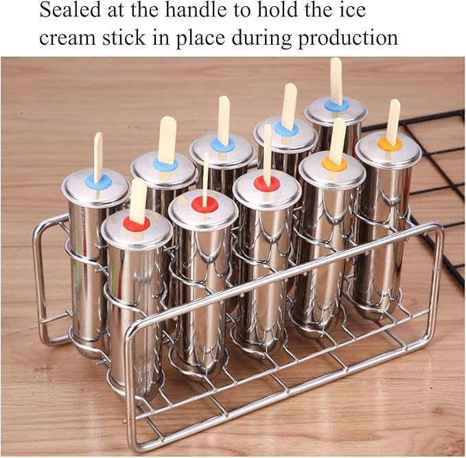 10Pcs Stainless Steel Popsicle Molds and Rack Ice Cream Popsicle Molds with 10 Round Ice Pop Makers + 100 Reusable Bamboo Sticks + 20 Bags + 1 Cleaning Brush + 1 Rack (Silver (Round))