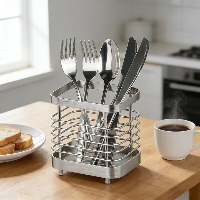 Utensil Holder, Stainless Steel Utensil Drying Rack for Kitchen Counter, Silverware Cutlery Flatware Holder Forks, Knives, Spoons, Chopsticks Organizer (Silver)