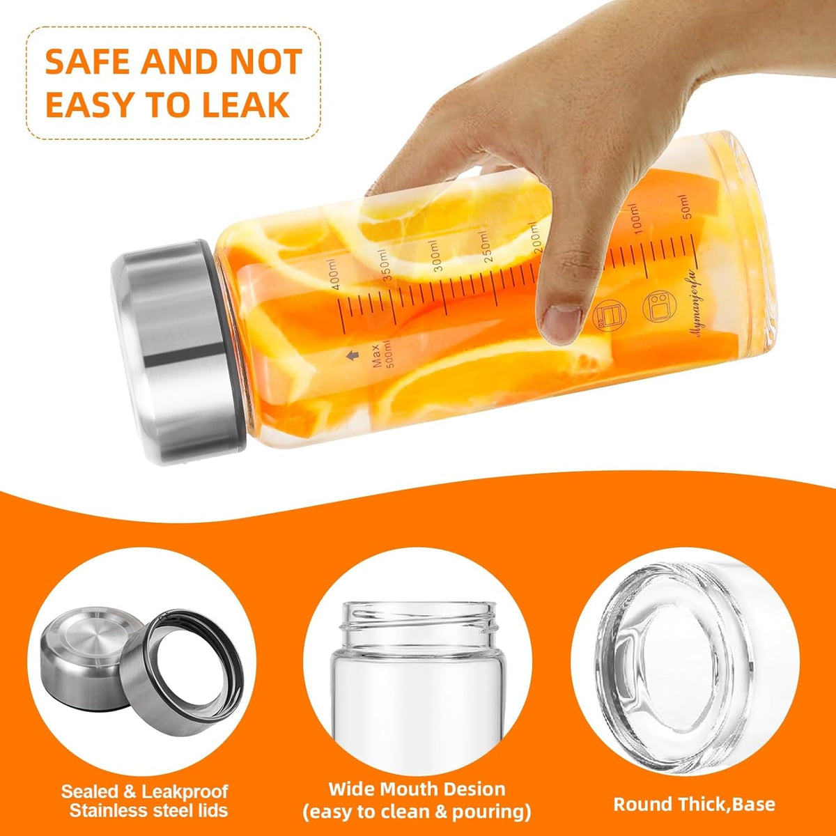 Glass Juice Bottles 6 Pack 16 oz - Wide Mouth Glass Water Bottles with Lids - for Juicing, Smoothies, Milk, Protein, BPA Free, Reusable, Stainless Steel Lids, Leak Proof, Shaker bottle (16oz/500ml)