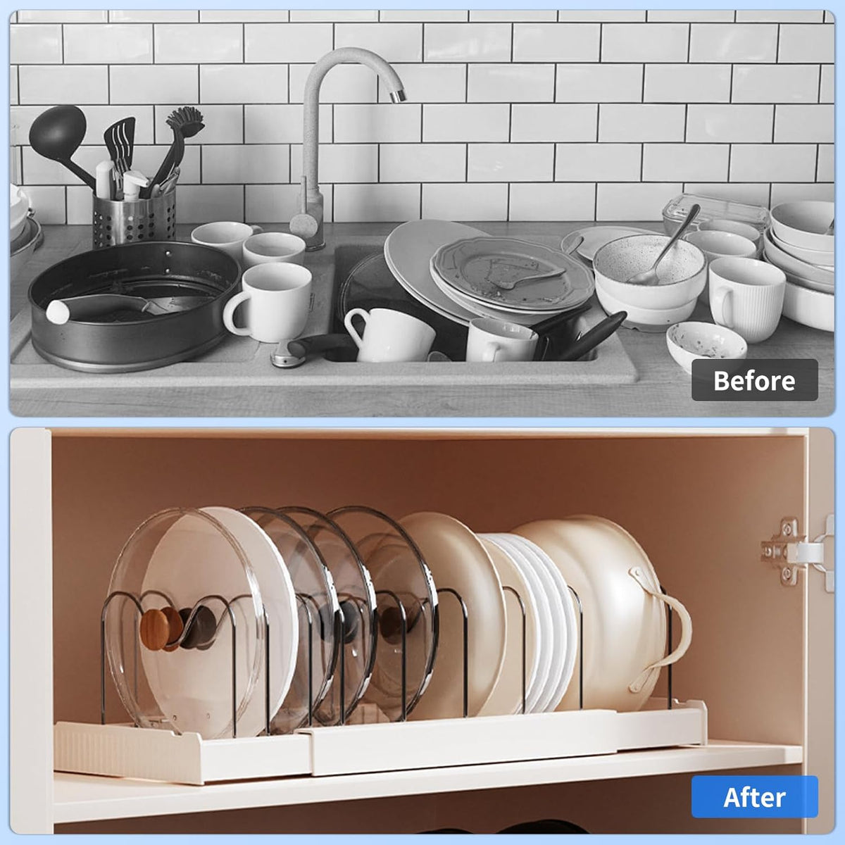 Expandable Pot Storage Rack for Kitchen Cabinets - Under-cabinet pot organizer, in-cabinet pot organizer, 10 adjustable compartments for pot lids, baking trays, cookware