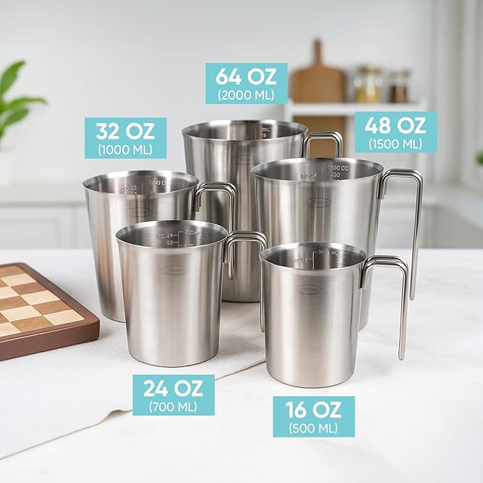 Newness 5 Pack Stainless Steel Measuring Cups Set (3 Marking Including Cup/ML/Oz Scale)(2, 3, 4, 6 & 8 Cup) Metal Measuring Cup with Handle For Prepping, Baking and Cooking, Dishwasher, Microwave Safe