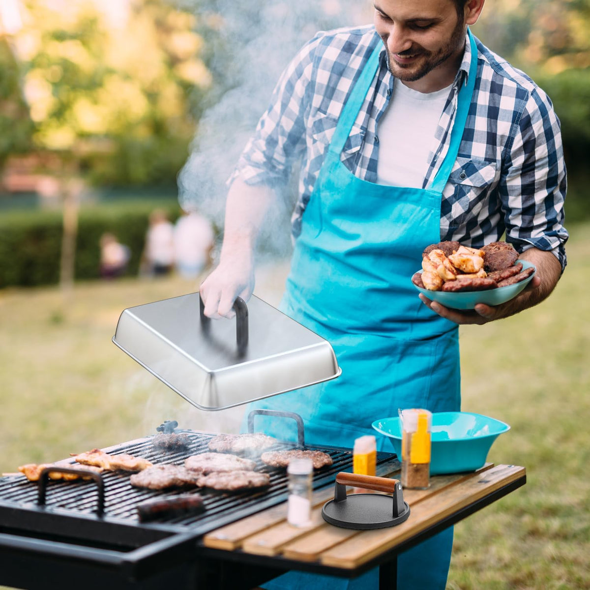 SafBbcue Round Cast Iron Smash Burger Grill Weight Press & Griddle Steamer Melting Dome Basting Cover for Blackstone Flat Top Grills Accessories, 14" Rectangular Stainless Steel Grill Basting Cover