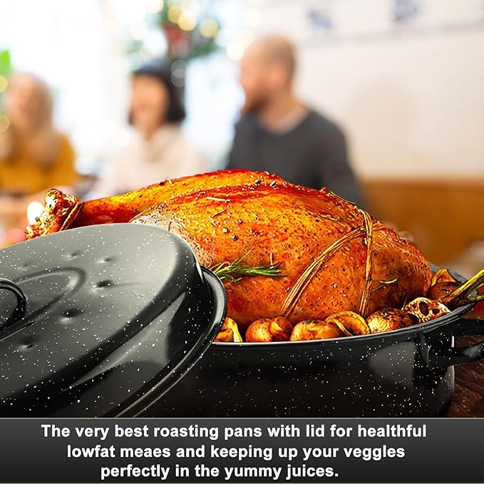 14.6 Inch Roaster Pan, Enamel Oval Turkey Roasting Pan with Domed Lid - Mother's Gift, Covered, Non-sticky, Free of Chemicals - Rôtissoire Chicken Meat Roasts Casseroles & Vegetables (14.6 Inch)