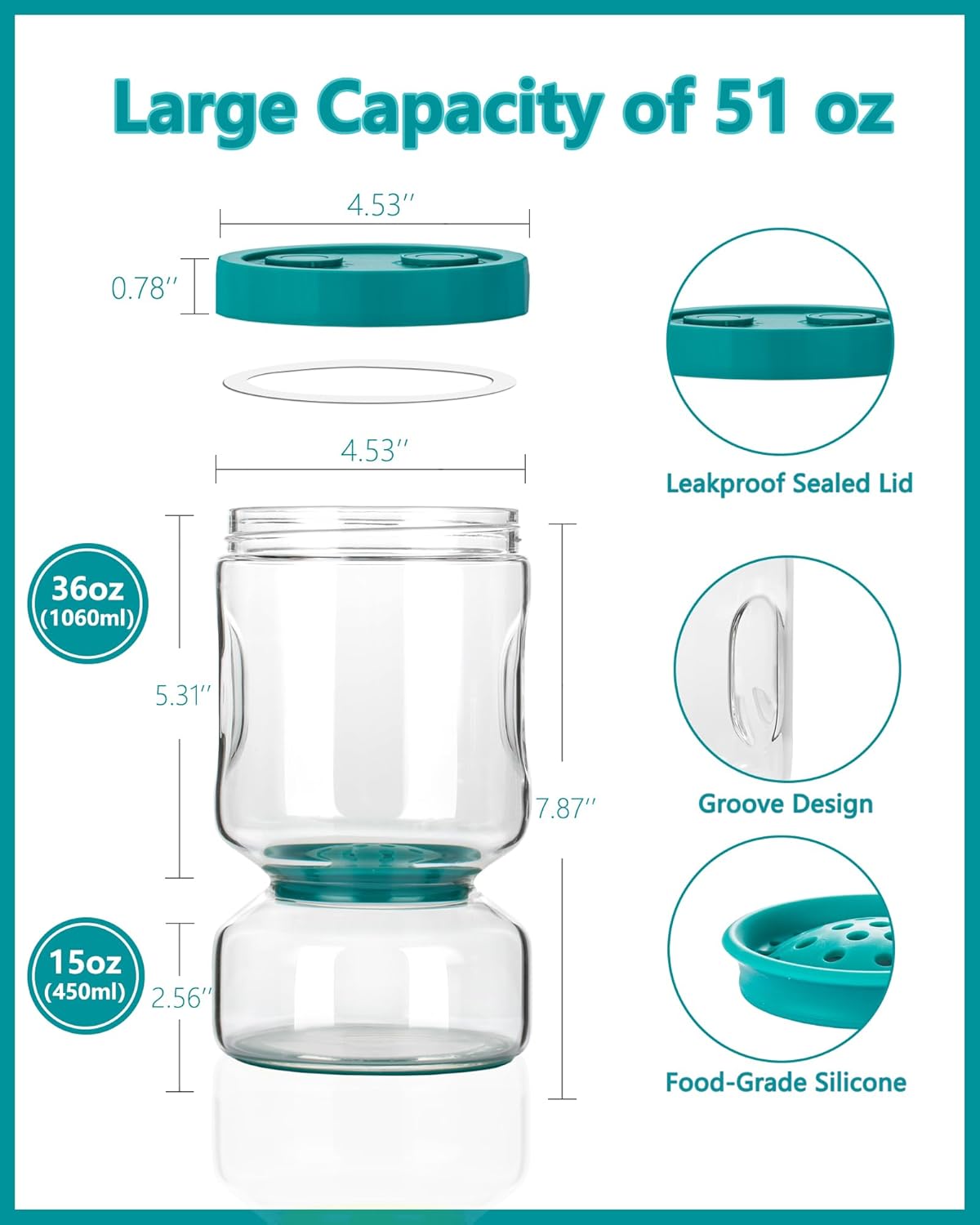 ZENS Pickle Jar with Strainer Flip, 51oz Pickle Container Pickle Juice Separator Teal Hourglass Jar for Olive Keeper, Leakproof Pickle Holder Jars for Pickling Dill Sliced Storage, Gifts for Mom