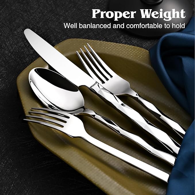 KINGSTONE Silverware Set, Luxury 5 Piece Flatware Set for 1, 18/10 Stainless Steel Cutlery Set with Diamond Cut Pattern for Kitchen, Home, Wedding, Party, Mirror Polished and Dishwasher Safe