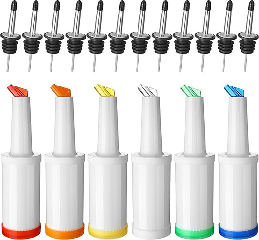 CHENGU Fruit Juice Pour Bottles 34 oz Plastic Liquor Bar Supplies with Stainless Steel Bottle Pourer Tapered Spout for Cocktail Bartending Liquor Juice Store(Multi Colors,6 Pack)