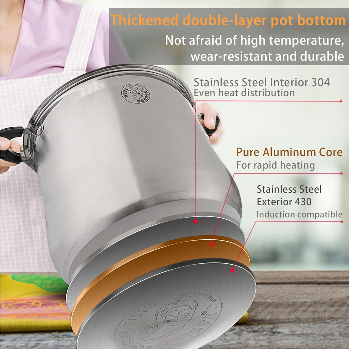 Vivicreate Stainless Steel Stock Pot with Lid Induction Compatible Soup Pot Heavy Bottom Cooking Pot with Built in Scale Olla de acero inoxidable para inducción