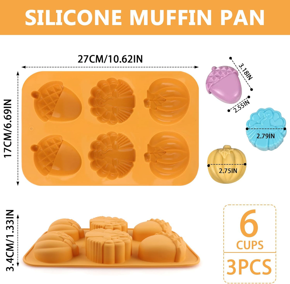 3-Pack 6-Cup Silicone Muffin Pans, Nonstick Cupcake Baking Molds, BPA/PFA-Free, Dishwasher & Oven Safe - Orange