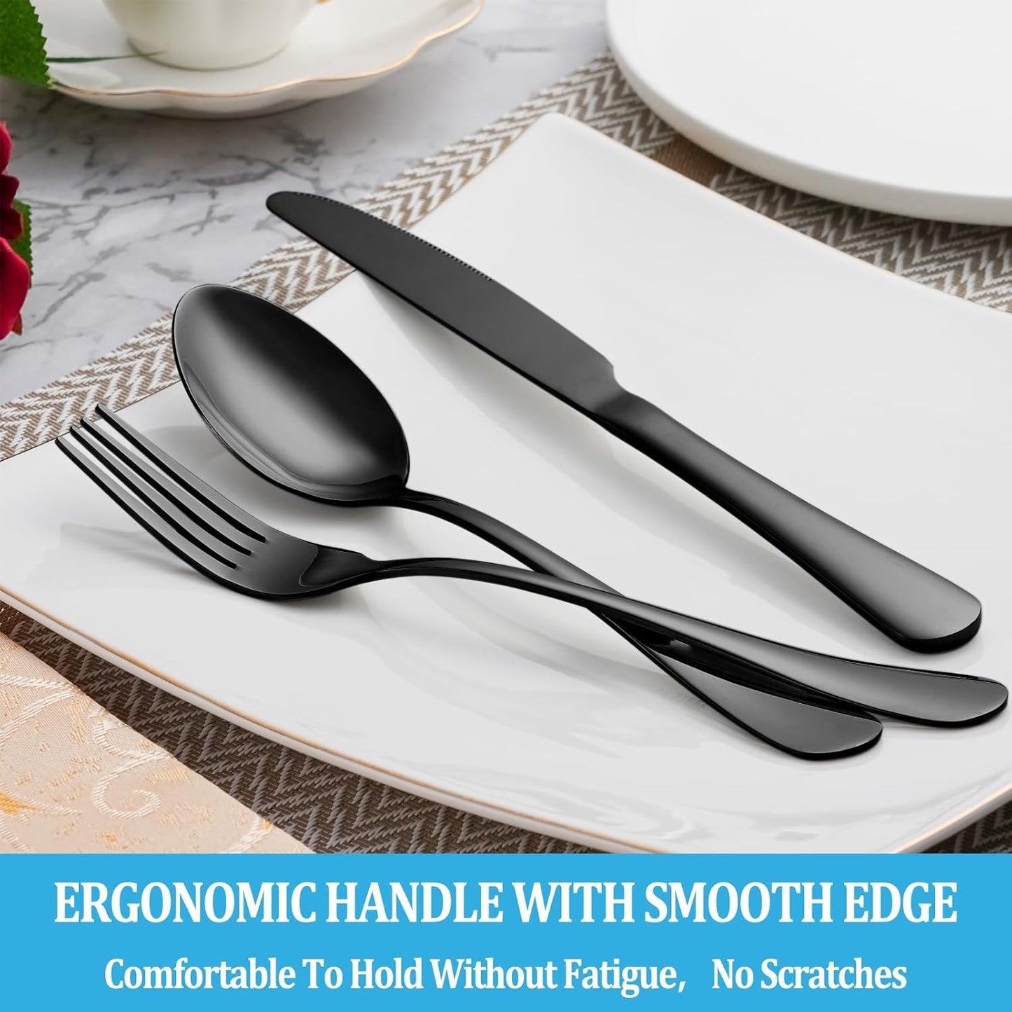 40 Pcs Black Silverware Set, Stainless Steel Flatware Set Service for 8, Mirror Polished Cutlery Utensil Set, Durable Home Kitchen Eating Tableware Set, Include Fork Knife Spoon Set, Dishwasher Safe