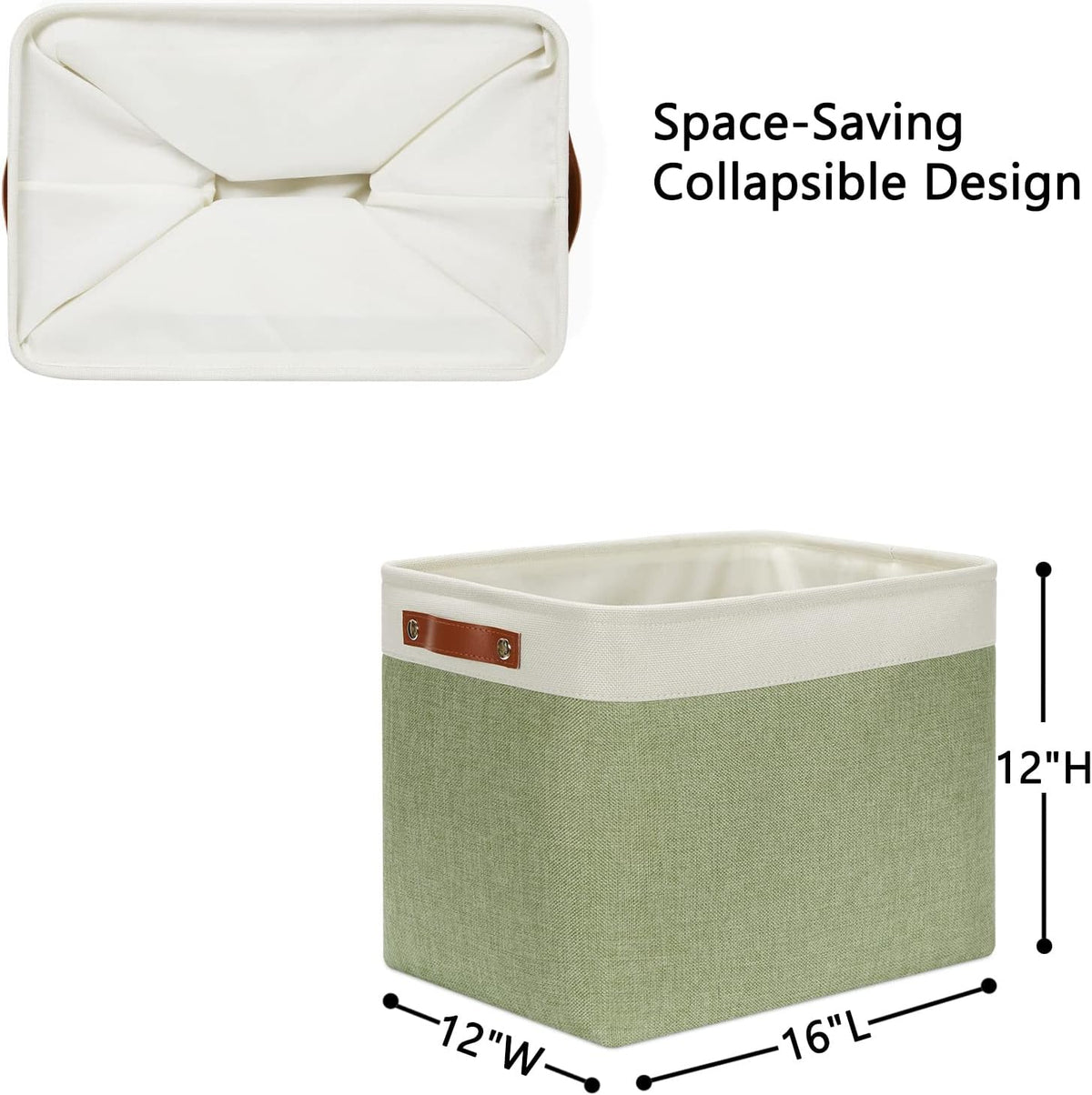 DULLEMELO 2-Pack Large Storage Baskets for Organizing 16"x12"x12" Canvas Fabric Storage Basket Bins With Leather Handles for Shelf Clothes Empty Gift Basket (White&Green)