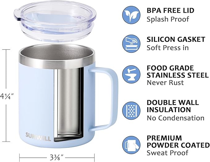 SUNWILL Travel Coffee Mugs Set of 4, Insulated Tumbler with Lid, 14 oz Stainless Steel Cup with Handle Bulk for Gift, Camping, Office, Powder Coated Orchid, Iceberg, Mint, Sakura